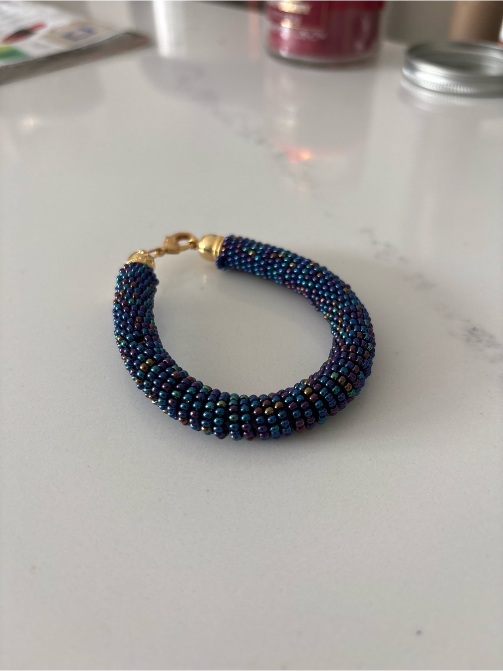 Iridescent Blue Purple Seed Bead Rope Bracelet